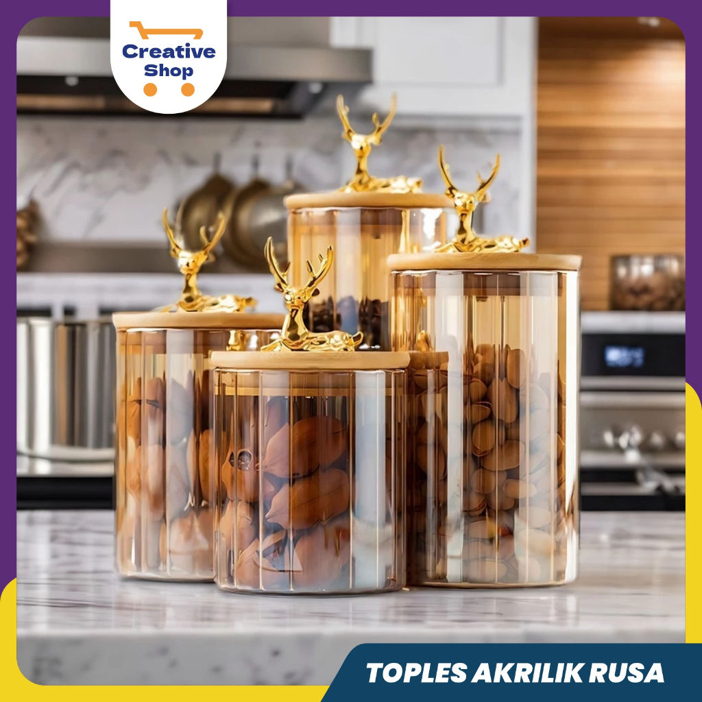 CreativeShop | Toples Kaca Tutup Kayu Rusa Gold | Toples Lebaran | Toples Kue Kering Kue Lebaran Tem
