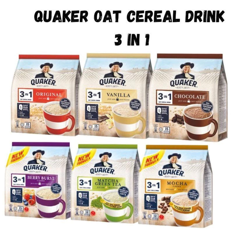 

Quaker 3in1 Chocolate, Vanillan & Berry burst Polybag 224g Minuman Sereal Oats (Isi 8 sachet)/ Quaker Oatmeal Instant 1.2kg