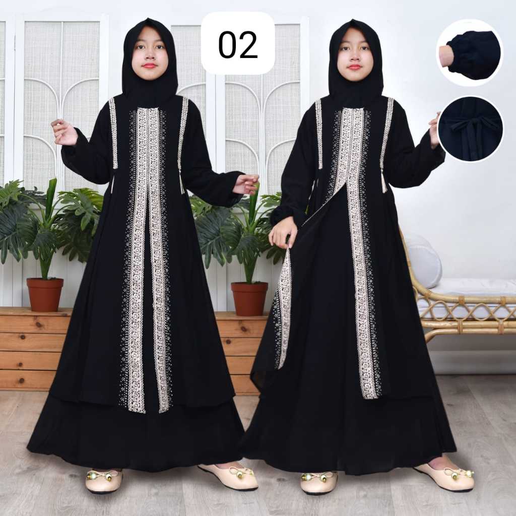 Baju Muslim anak syari Gamis Brukat Hitam Renda anak Perempuan 3- 10 Tahun-Dress Santri Wati