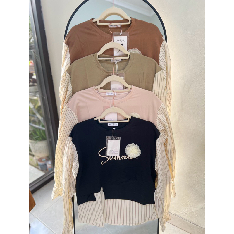 SHANINA CLOTHES - Blouse wanita import | blouse katun salur mix kaos | blouse import bangkok |