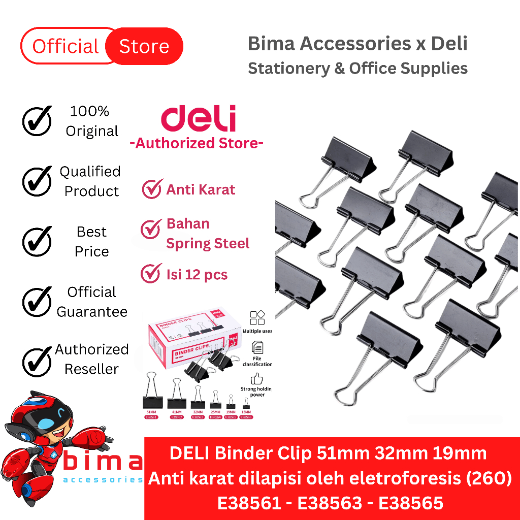 

DELI Binder Clip Clips Klip Penjepit Kertas 51mm 32mm 19mm Hitam Besar Kecil Anti karat E38561