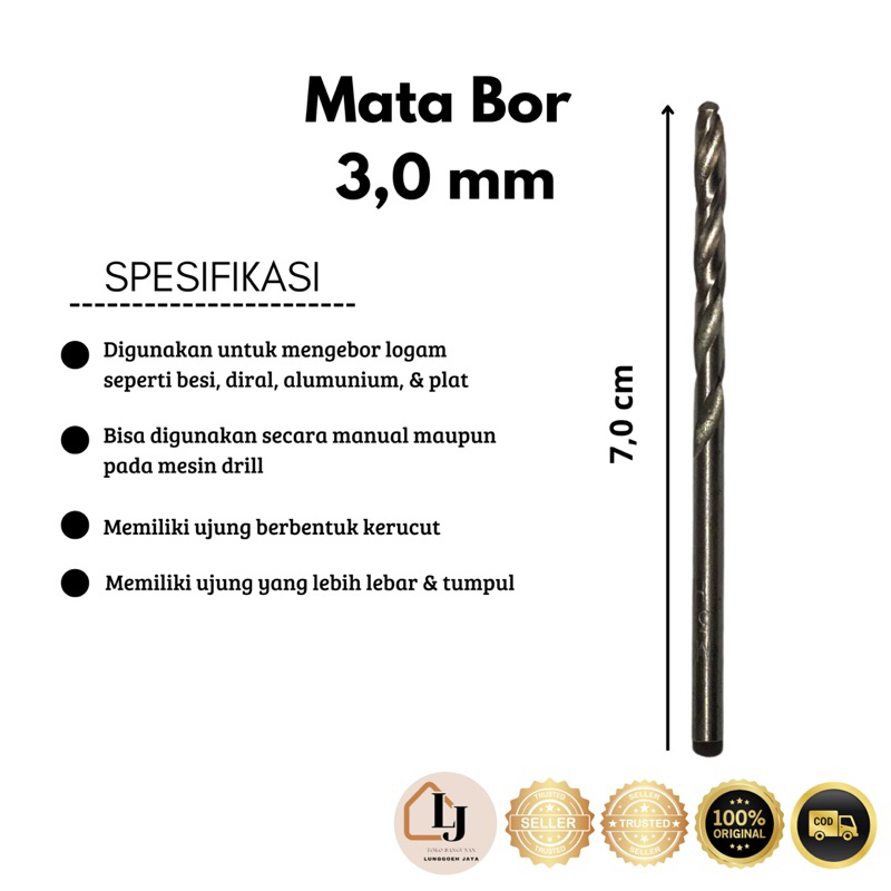 Mata 3,0 mm Bor Besi Baja Keras Ori Titanium Stainless steel HSS