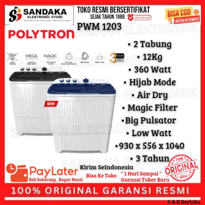mesin cuci Polytron 12kg 2 tabung low watt pwm 1203 garansi resmi promo
