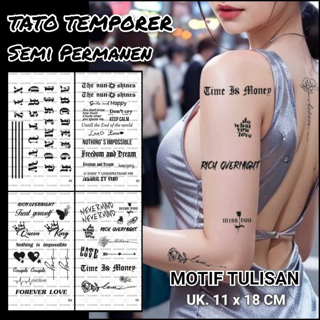 RAINDESIGN-Stiker tato temporer semi permanen anti air tulisan kode / Stiker tato temporer anti air 