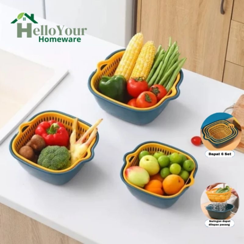 Baskom Saringan Buah Sayur 6 Set Baskom Pencuci Peniris Buah Sayur Dapur Serbaguna