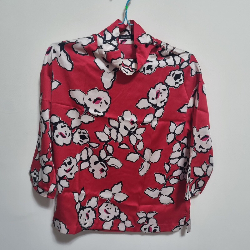 Zara Red Floral Blouse Top - Baju Atasan Merah Bunga (Preloved)