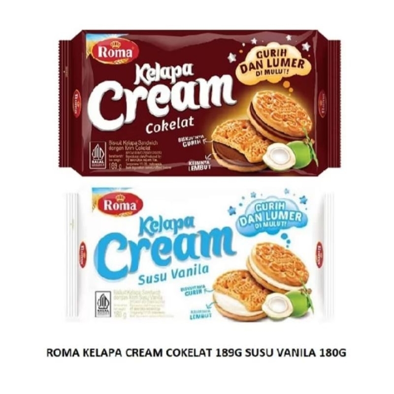 

Roma Kelapa Cream 180g susu vanila | 189g cokelat