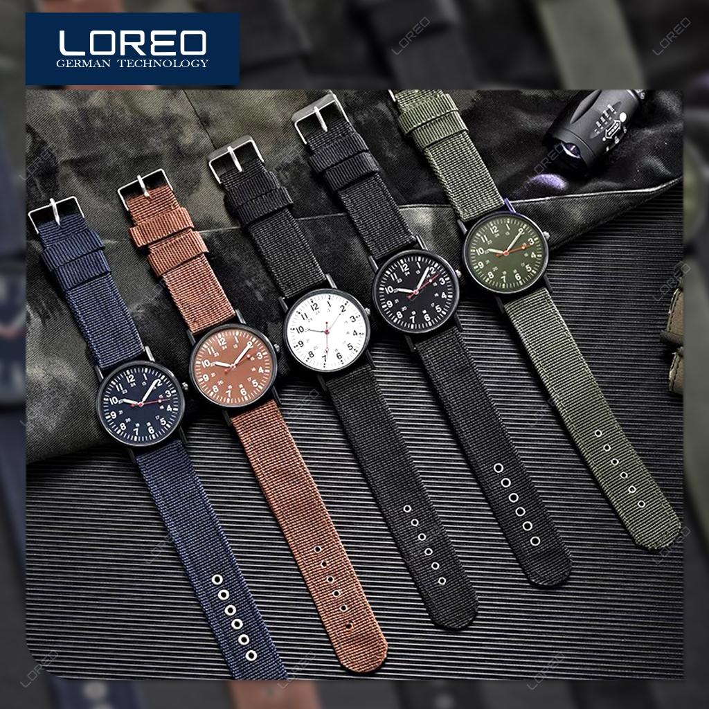 Loreo - Jam Tangan Pria Strap Kanvas / Jam Tangan Analog Militer /Jam Kain Nylon