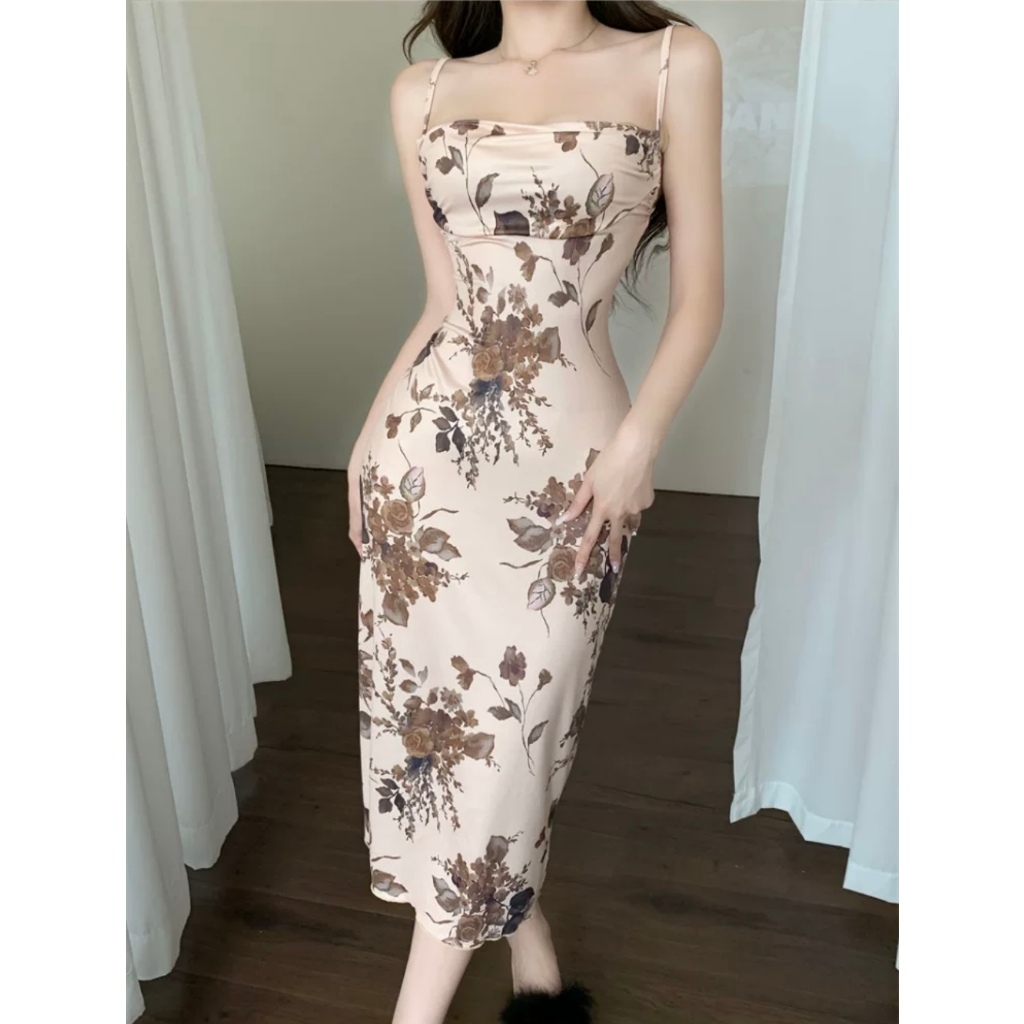 midi dress vintage korea terbaru 2024 chiffon floral dress tanpa lengan big size cantik gaun pesta m