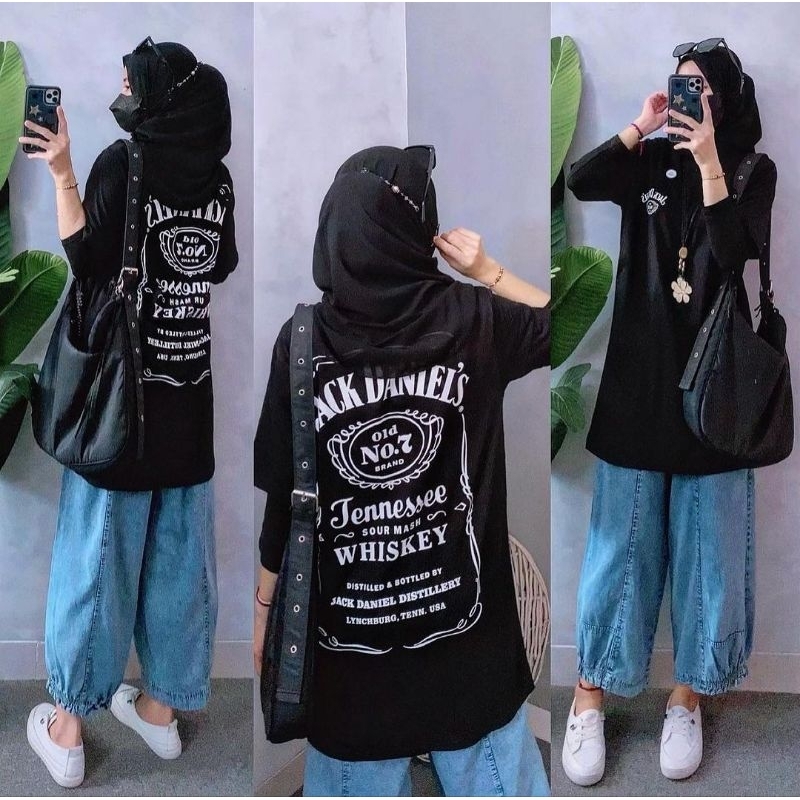 Jack Daniel tunik warna hitam putih atasan long tunic panjang bahan kaos combed import ukuran fit to