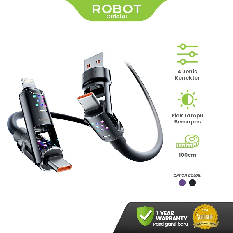 ROBOT Kabel Data Fast Charging 65W Kabel Konektor 4-in-1 100cm RGB Material Silikon Lentur Tahan Api