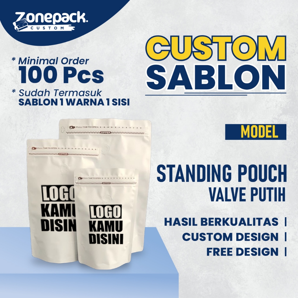 Sablon Standing Pouch Craft Foil Valve Warna Putih | Custom / Free Desain Kemasan Kopi Premium Packa