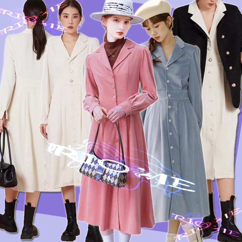 Gaun korduroi Prancis lengan panjang setelan retro kerah pinggang rok panjang sedang