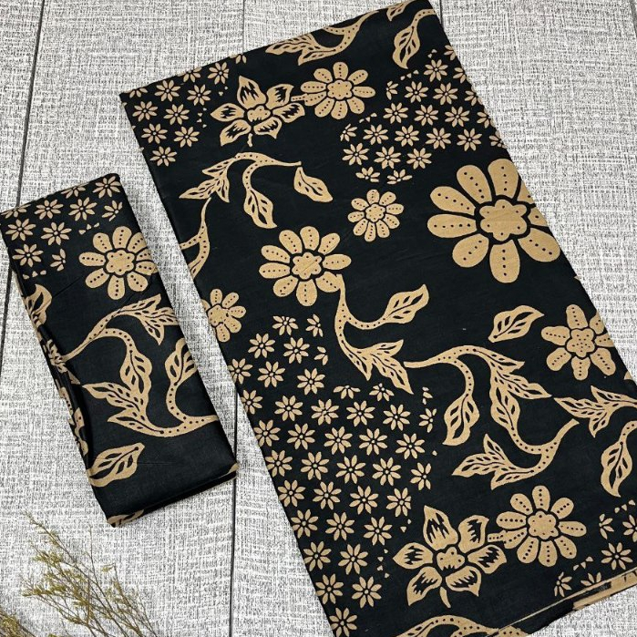 Kain Batik Motif Kembang Truntum Hitam Cokelat Krem Bahan Katun Pekalongan 2 Meter