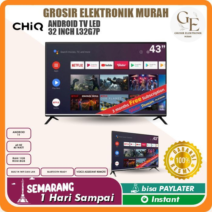 CHIQ TV ANDROID LED TV L32G7P 32" 32 INCH HD SMART 11 HDR FRAMELESS