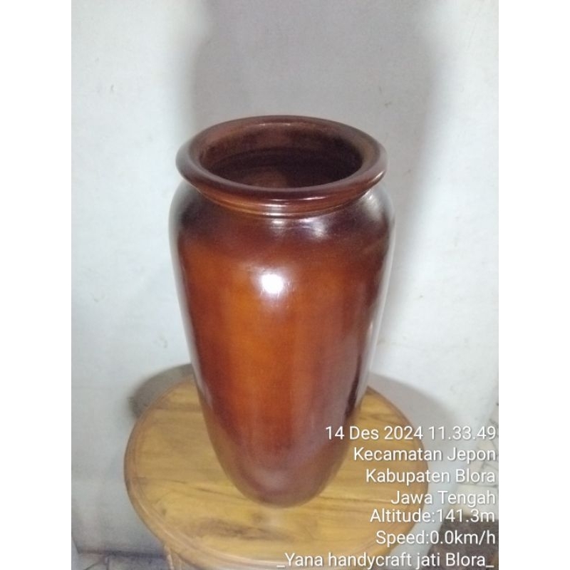 vas bunga kayu jati motif gentong besar