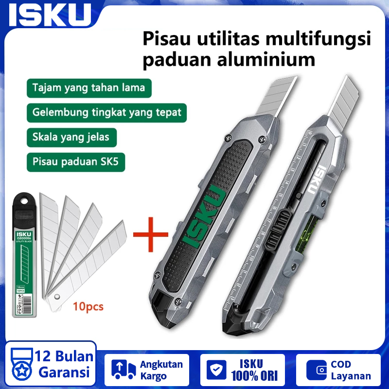 

ISKU Pisau Cutter Multifungsi/ Paduan Aluminium Cutter Knife Utility Knife SK5 Tajam Cutter Pisau Pisau Pemotong Kertas Auto Lock Fungsi Gelembung Tingkat/Pisau Baja Besar