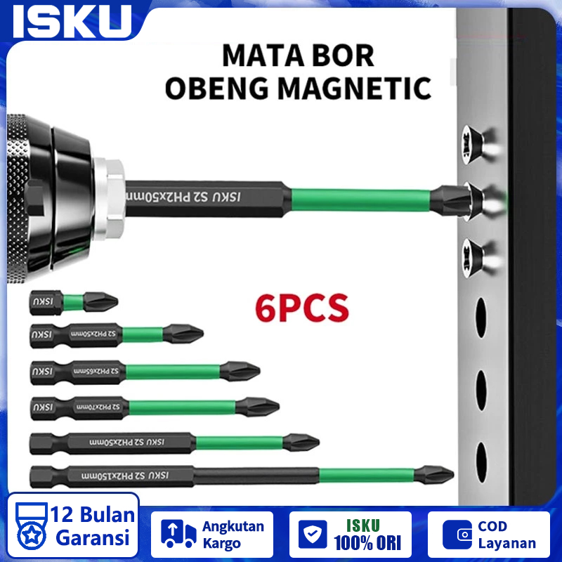 ISKU Mata Bor Obeng Set Magnetic 6pcs/Screwdriver Set 6pcs Mata Obeng Angin Plus Minus PH2 Double Ma