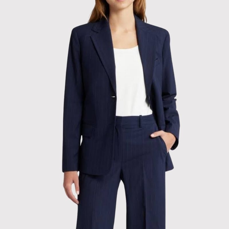 Jas Blazer Kantor Kerja Navy Garis Biru Wanita Esp* Branded