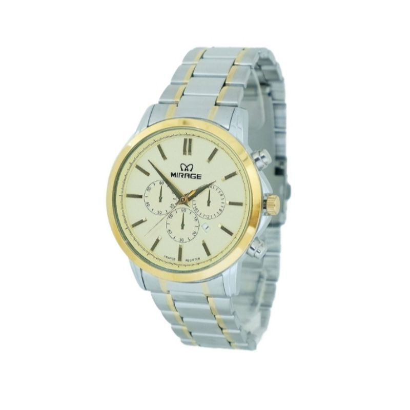 Jam Tangan Mirage Crono(Variasi) Rantai Combinasi Plat Putih/Kuning (Original)