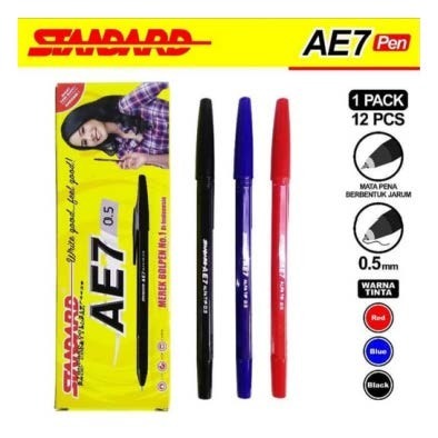 

Pulpen Standard AE7 Hitam, Biru, Merah / Ball Pen / Pena 0.5mm Standard AE7/pcs dan Lusin