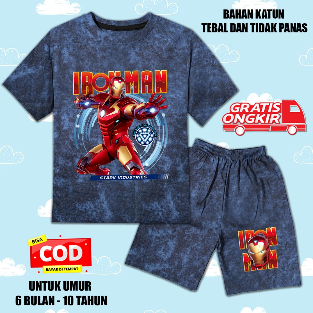 Setelan denim jeans printing lengan pendek anak laki laki perempuan set kaos anak iron man 1