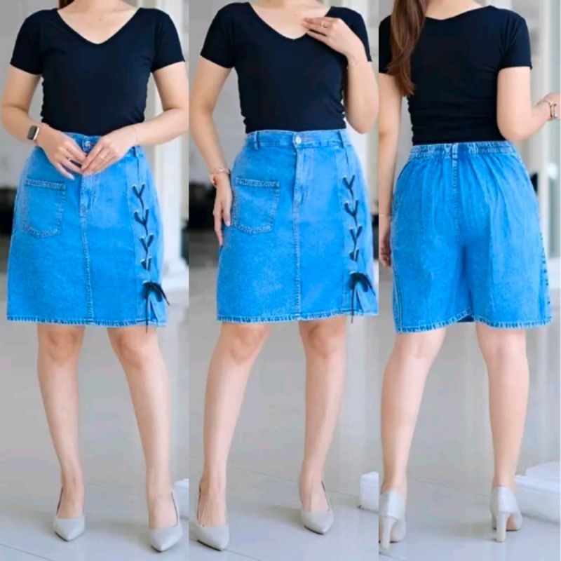 Celana Rok Jeans Pendek Pita - Rok Celana Denim Wanita Dewasa Snow