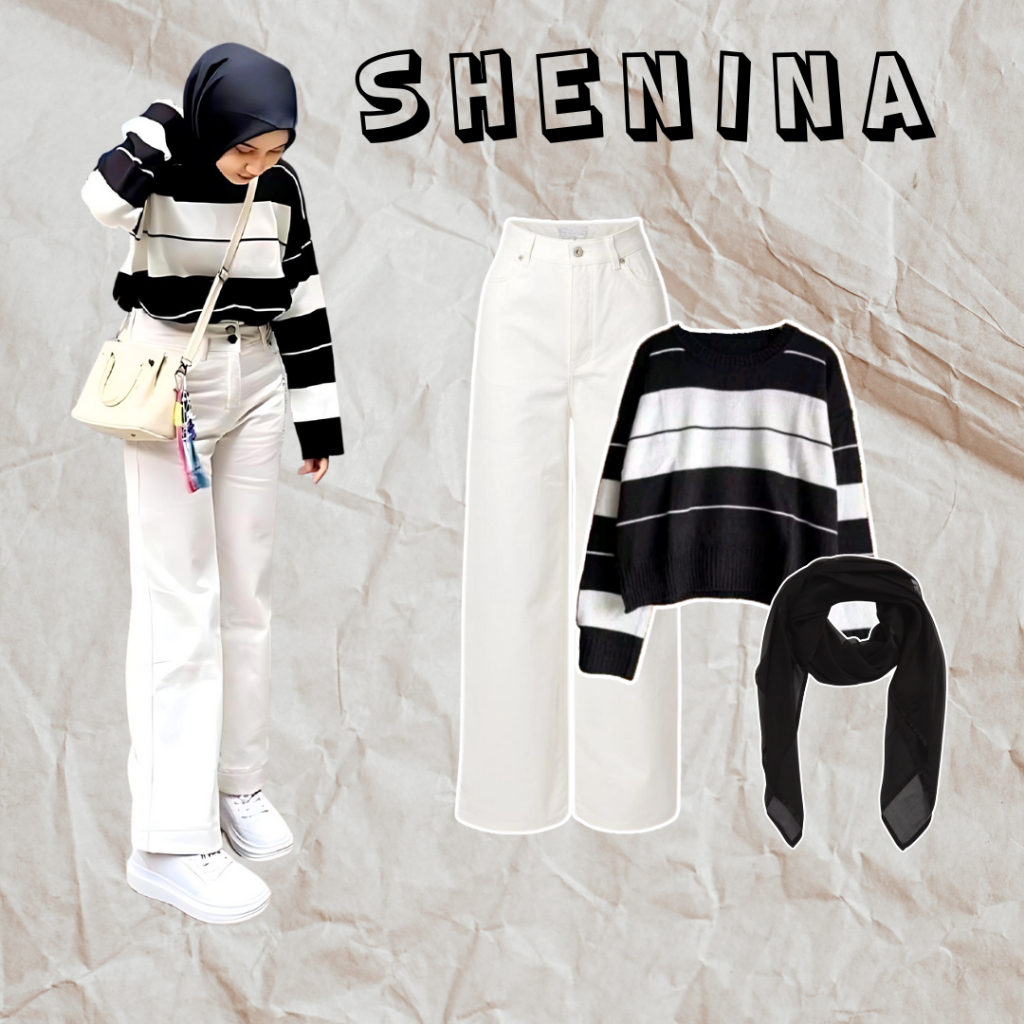 One Set 3in1 Outfit Hijab Sweater Stripe Rajut Celana Kulot Jeans Putih Hijab Segiempat CS34 Shenina