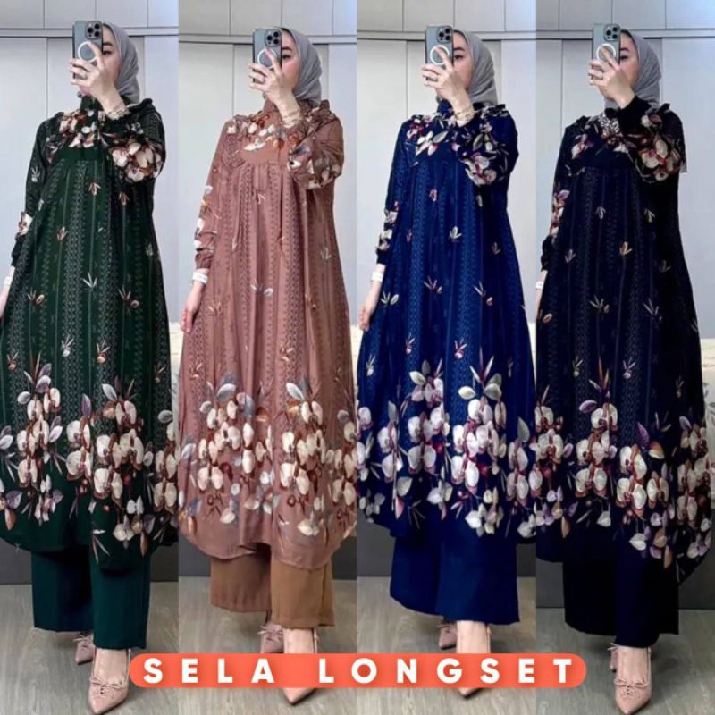 Ready Sela Longset Gamis Motif Bunga setelan wanita kekinian setelan terbaru