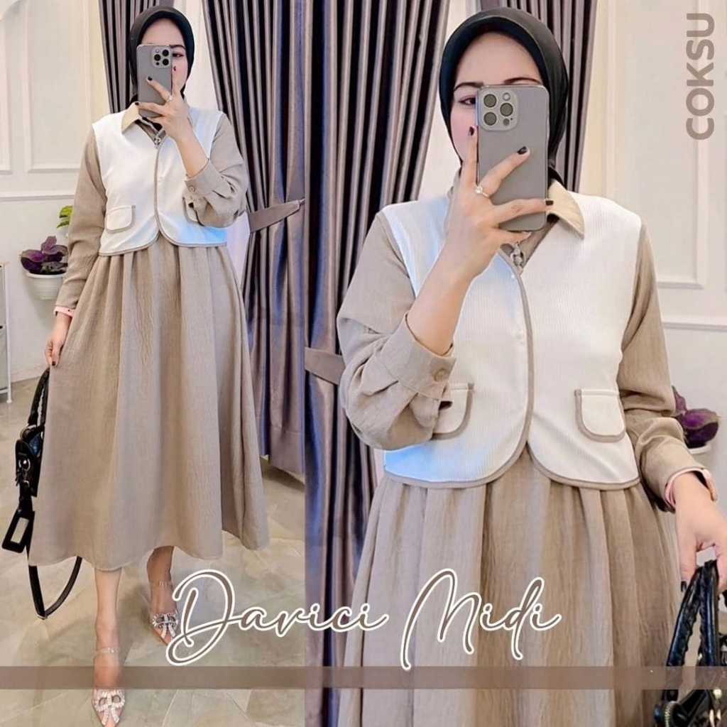 Kiukiu Davici Midi Dress - Gamis + Rompi ala Korea - Set Gamis Rompi - Dress Korean Muslimah