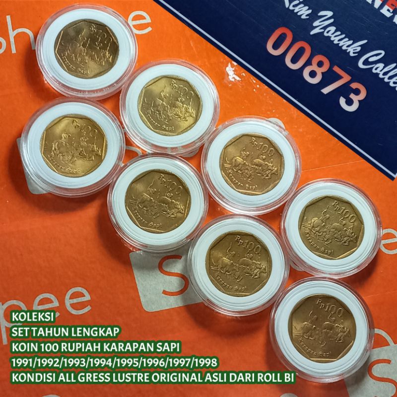 Uang Kuno Koin 100 Rupiah Karapan Sapi Set Tahun Lengkap 1991-1998 Semua Koin Gress Baru Lustre Orig