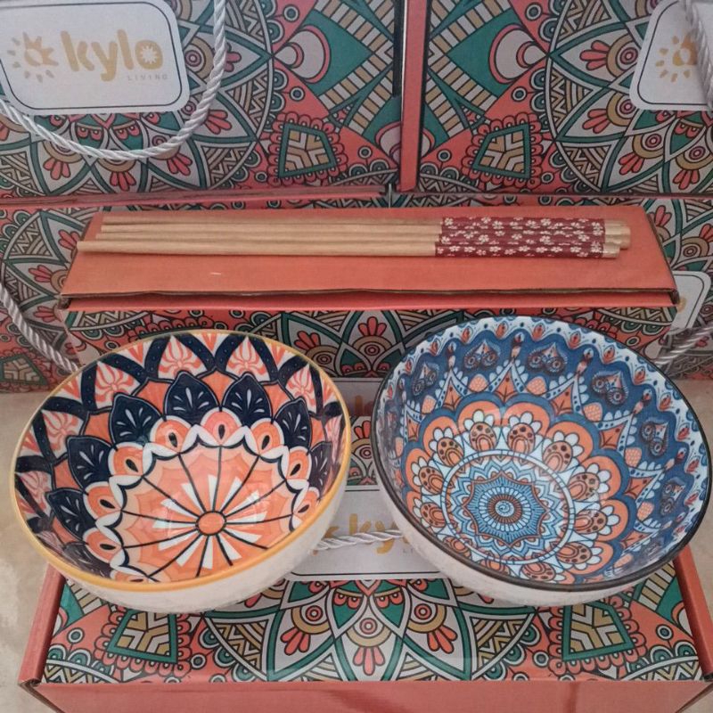 Mangkok set premium motif/ Alat Makan Mangkok Keramik Sumpit Hampers Parcel
