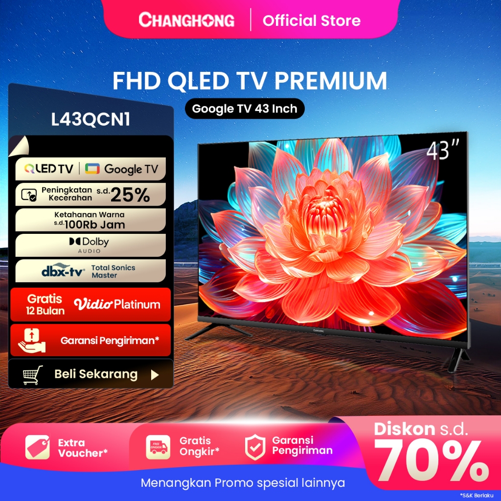 Changhong QLED TV 43 inch FHD Dolby Audio Google Play Netflix Youtube Bluetooth USB Google Assistant