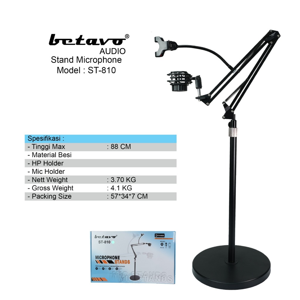 Professional Stand Microphone Meja Betavo Audio ST-810 | Piringan Besi | Mic & HP Holder | Besi