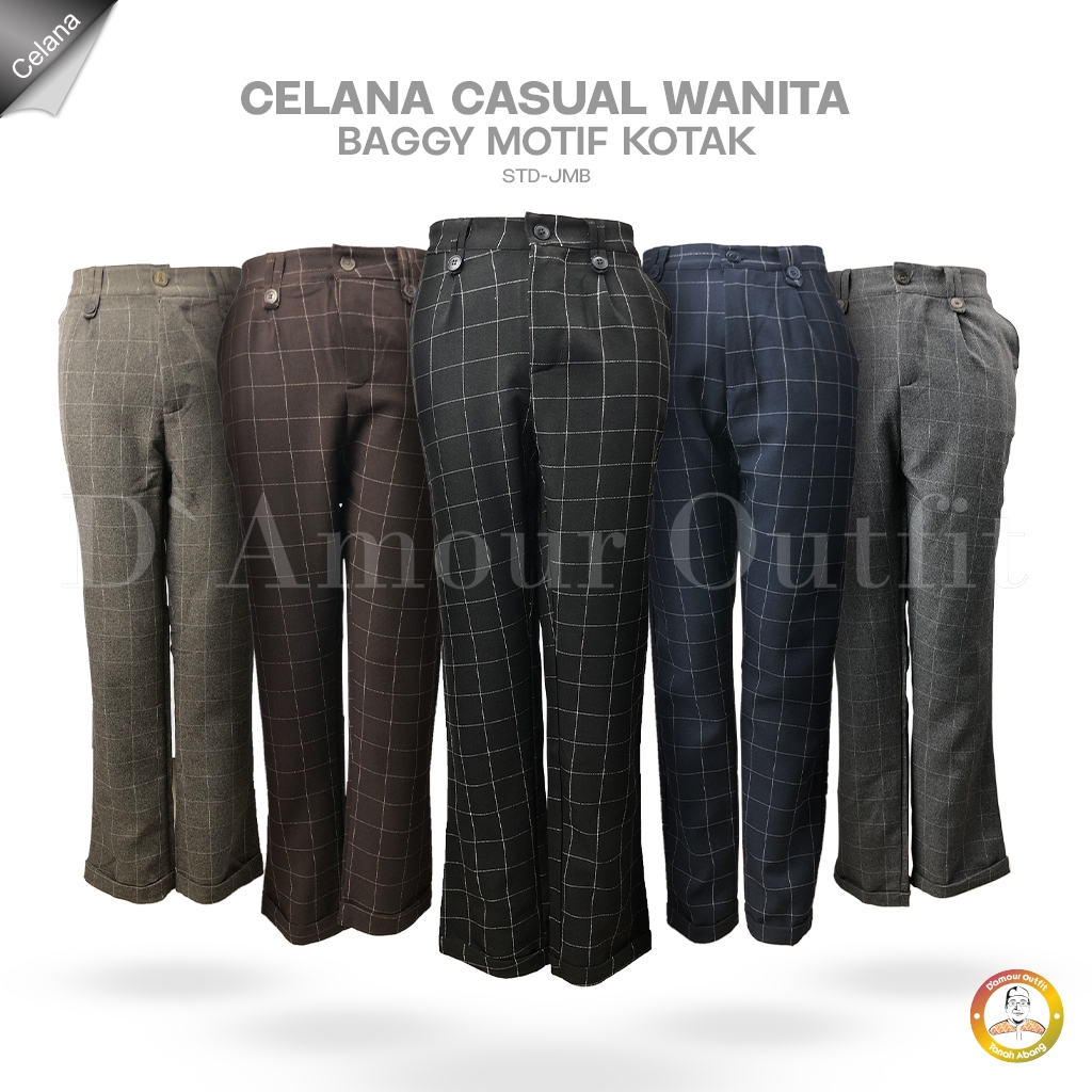 Celana Baggy Pants Panjang Motif Kotak Kotak Wanita Pinggang Karet Pakaian Kerja Formal Kantoran Cla