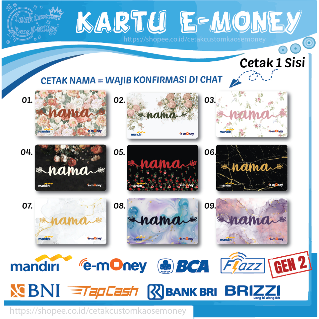 KARTU E MONEY E TOLL GAMBAR KUMPULAN CUSTOM NAMA BUNGA EMONEY MANDIRI BCA BNI BRI - 1 SISI