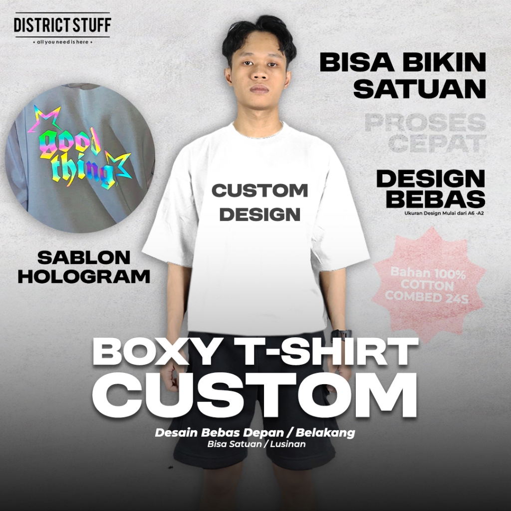 Kaos Boxy Custom Sablon Hologram Reflektif Rainbow Satuan Menyala Dalam Gelap Unisex