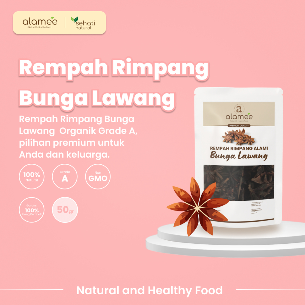 

ALAMEE Bunga Lawang Kering Pekak Star Anise Rempah Organik Alami Bumbu Seasoning Masakan Masak 50gr