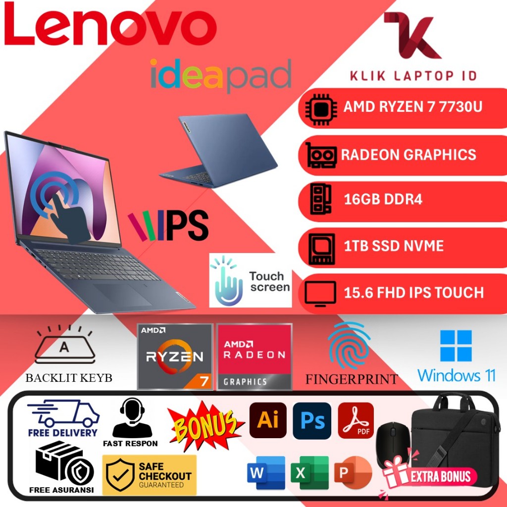 Laptop Lenovo Ideapad Slim 3 Ryzen 7 7730U 16GB 1TB 15.6 Inch Touchscreen Win11Home