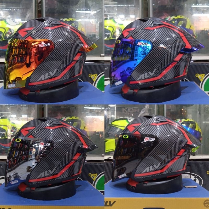 Helm half face Alv Ultron Pro motif Carbon strip Red Paket ganteng Visor iridium+Spoiler