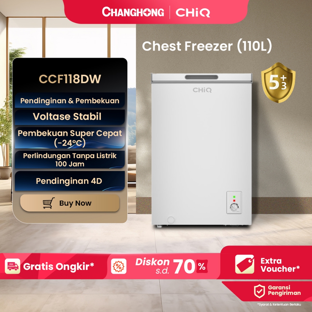 CHiQ Chest freezer ccf 118dw Kapasitas 110 Liter (Fast Freezing) (Design Look Minimalis) ( Big Capac