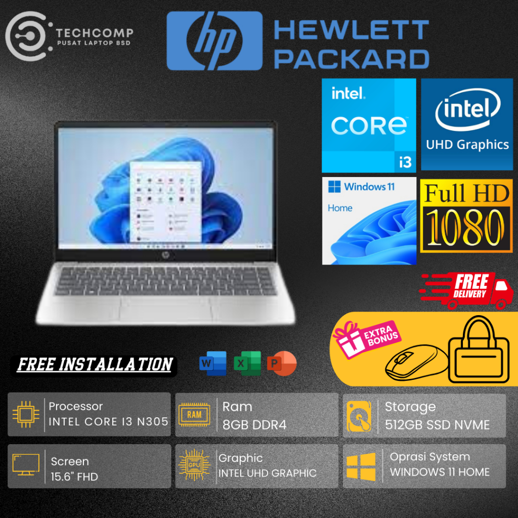 LAPTOP KERJA HP 14 INTEL CORE I3 N305 16GB 512GB SSD HD WINDOWS 11 ORIGINAL TERLARIS TERBARU