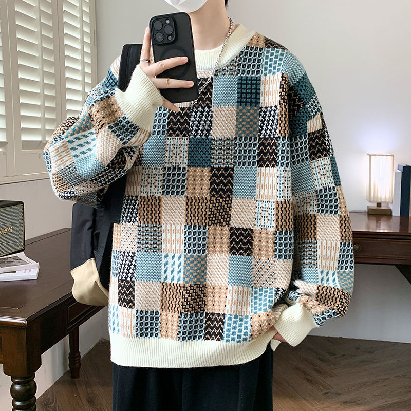 Sweater Pria Kasual Leher Bulat, Sweater Kotak-kotak Tampan