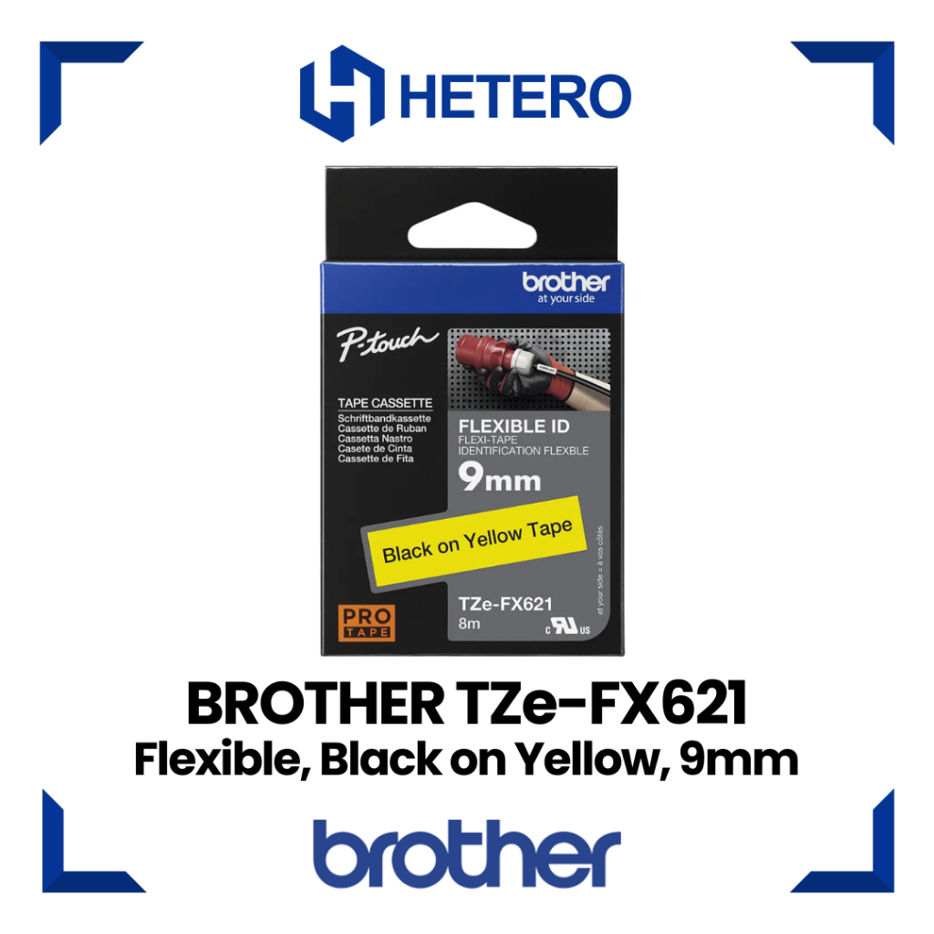 

BROTHER Color Tape TZE-FX621 Flexible, Black on Yellow, 9mm