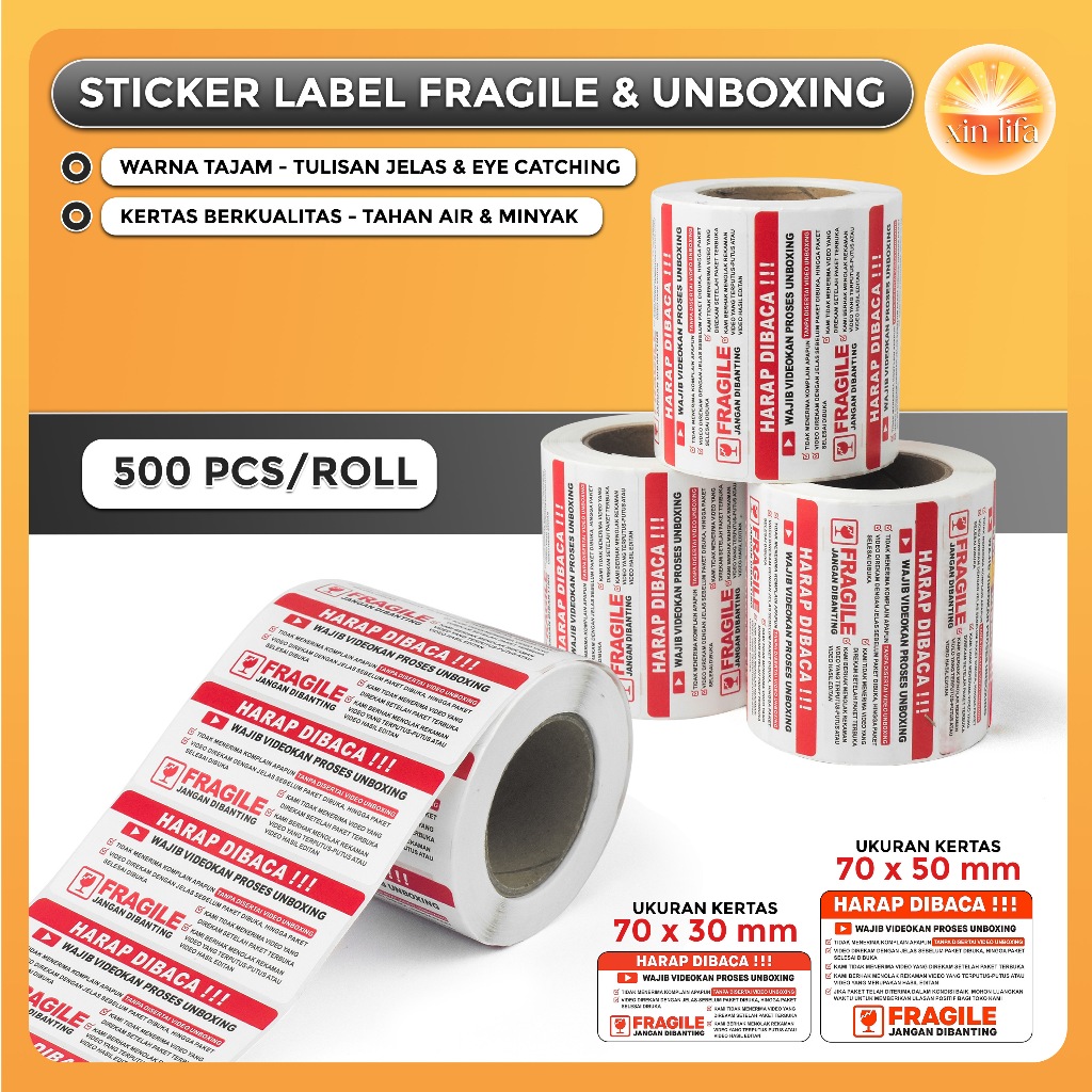 

[ 500 PCS ] Label Sticker FRAGILE Wajib Video Unboxing Stiker Jangan Dibanting Online Shop 70x50