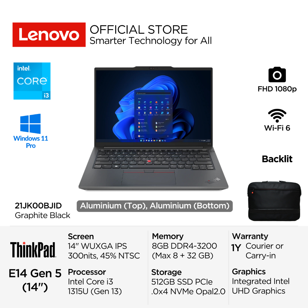 Lenovo ThinkPad E14 Gen 5 BJID Intel Core i3 1315U Win11 Pro 8GB 512GB 14" WUXGA IPS 45% NTSC Antigl