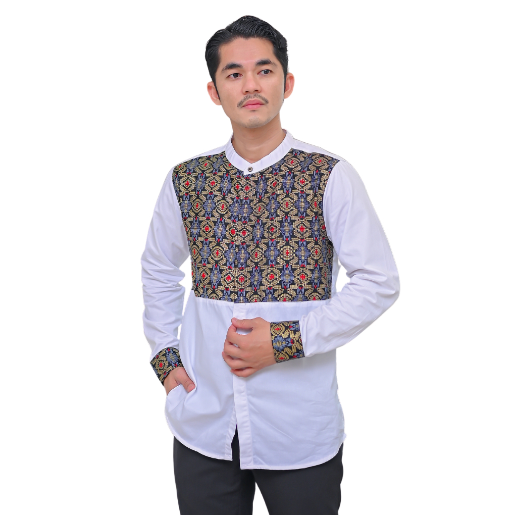 Kemko Lengan Panjang Kombinasi Batik Baju Koko Putih Motif Batik Pria Kemeja Koko Muslim