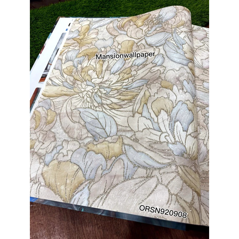 Wallpaper Dinding Korea Bunga Besar Warna Mix Biru Pink Ungu Glitter Gold Silver Roll Besar