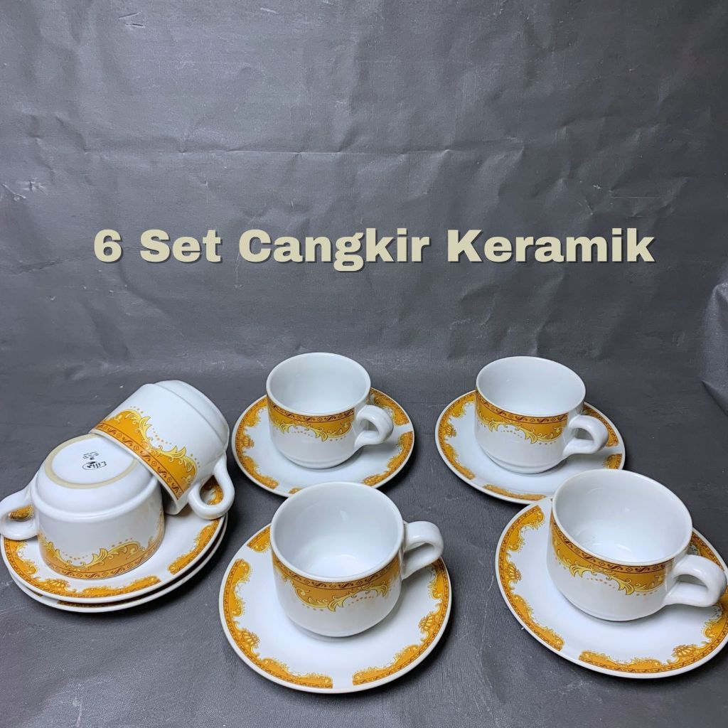 Set Cangkir Keramik Saucer Lilia Motif Mahkota isi 12 / Cangkir Kopi / Cangkir Set Lepek