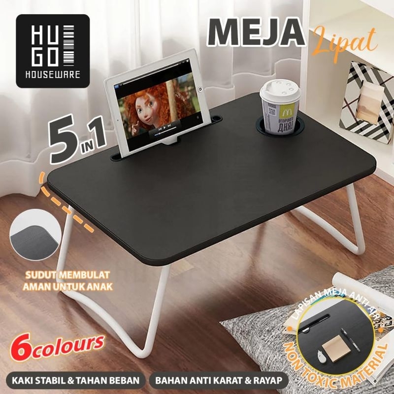 Meja Laptop Lipat Portable Praktis Polos Anti Air Serbaguna / Meja Belajar Anak Multifungsi Hitam